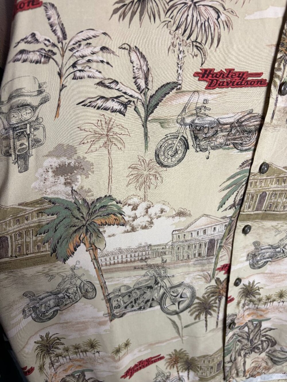Vintage Harley Davidson Men's Size L Hawaiian Button Down Shirt Tan Biker Vacay - Picture 3 of 6